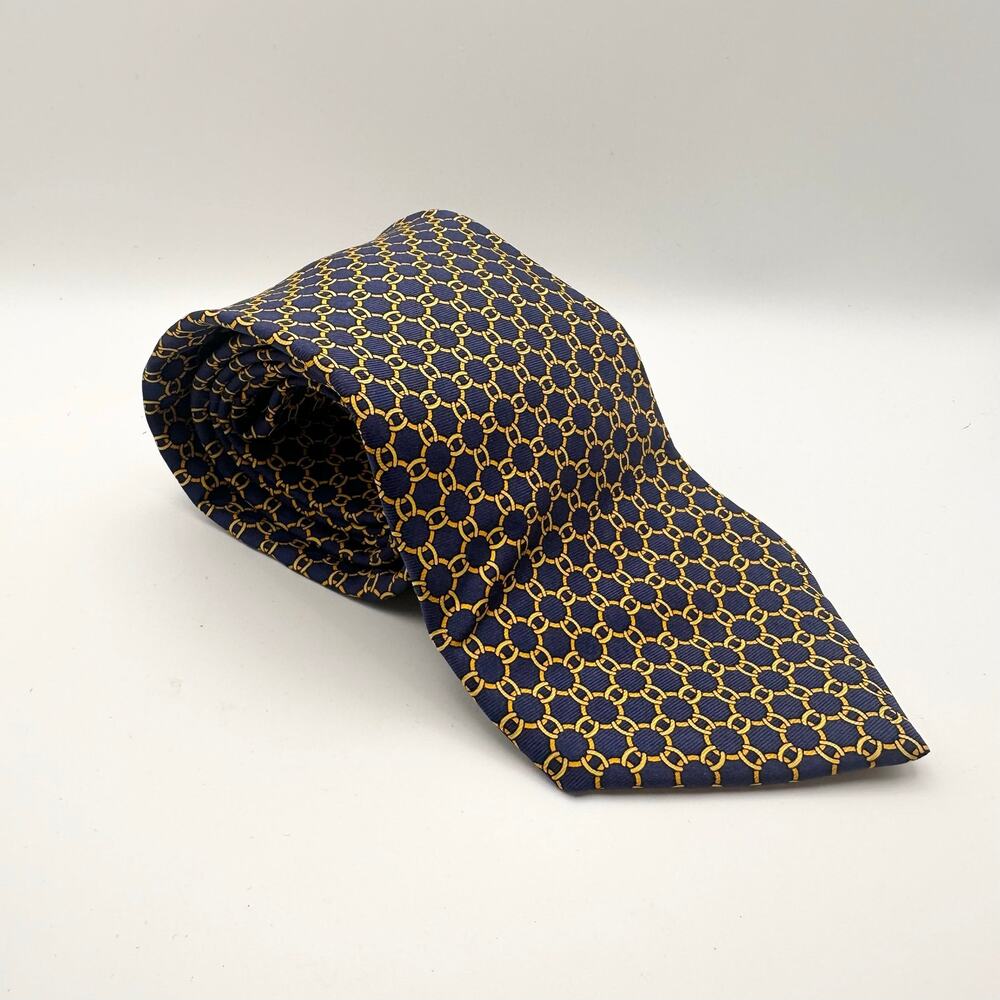 Brooks Brothers Makers Navy Blue Gold Chain Link Micro Print Italy USA Neck Tie